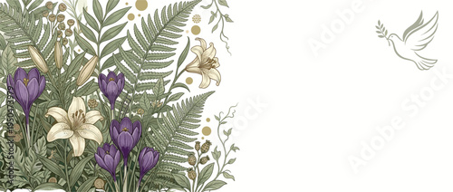 Lush Spring Botanical Ferns and Crocuses Easter Banner
