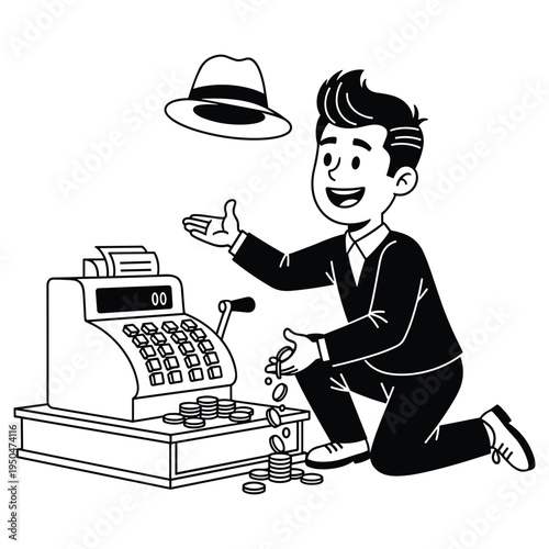 Happy businessman kneeling beside a vintage cash register with coins spilling out expressing success and prosperity in a cheerful manner