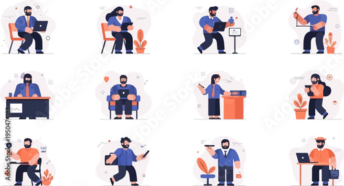 Diverse individuals engaged in various business and technology activities