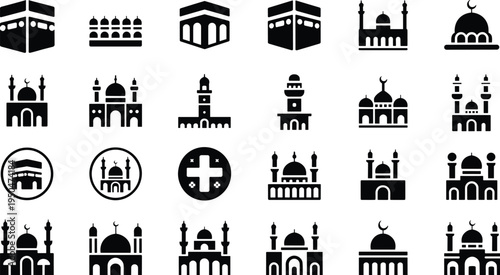 Black and white mosque architecture with domes and minarets