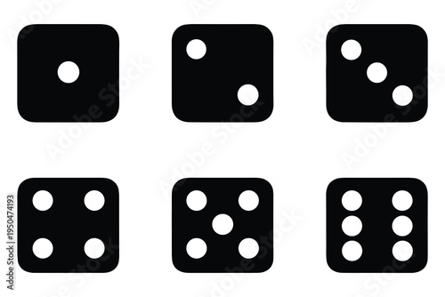 Highly detailed set of six standard dice faces in minimalist monochrome design perfect for games and graphic projects