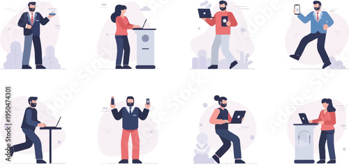 Diverse individuals engaged in various tech-related activities, showcasing business and lifestyle