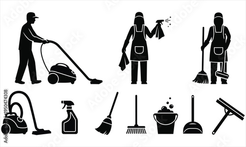 Black silhouettes of janitors with cleaning tools and equipment on white background