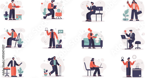 Diverse individuals engaged in various workplace activities and daily tasks