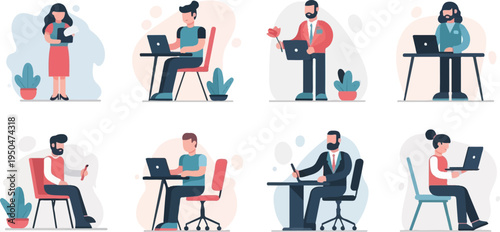 Diverse individuals engaged in various work activities, seated and standing
