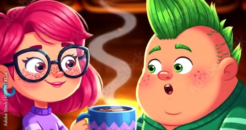 Cartoon Couple Enjoying Coffee Together.