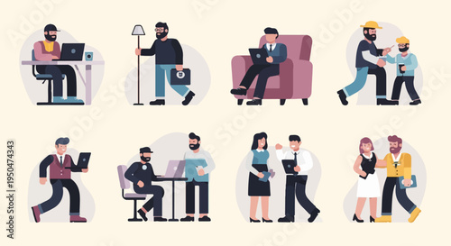 Diverse individuals engaged in work and professional interactions in a modern setting