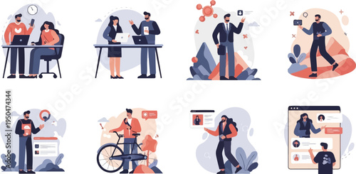 Diverse individuals engaged in work, communication, and technology