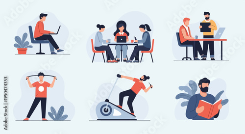 Diverse individuals engaged in work, fitness, and leisure activities (1)
