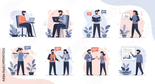 Diverse individuals engaged in work, fitness, and discussion in modern settings