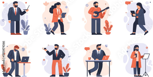 Diverse individuals engaged in work, leisure, and creative pursuits, with technology and plants