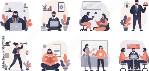 Diverse individuals engaged in work, study, exercise, and leisure activities