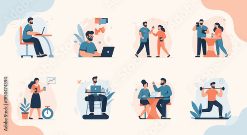 Diverse individuals engaging in various daily activities, from work to fitness