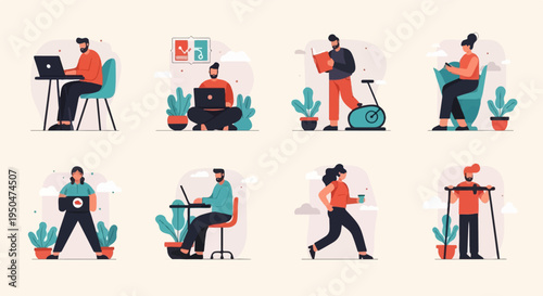 Diverse people engaged in remote work, exercise, and leisure activities