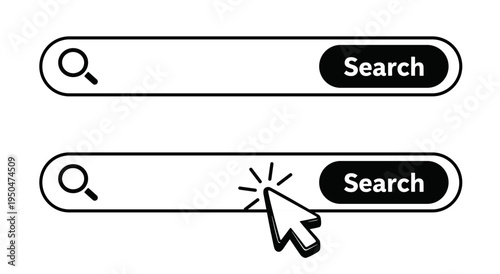 Search bar button icon set, web interface element with cursor click and magnifying glass, outline vector illustration on transparent background