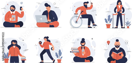 Diverse people engaged in various activities like working, exercising, and reading