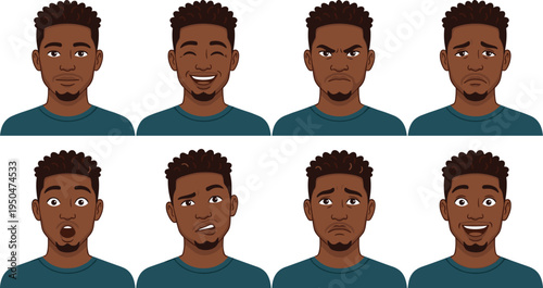 African Man Facial Expression Set Showing Different Emotions Happy Sad Angry Surprised and Confused Cartoon Male Character Head Vector Illustration