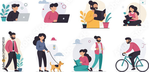 Diverse people engage in various daily activities like reading, cycling, and working on laptops