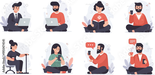 Diverse people engaged in modern activities like work, reading, and communication