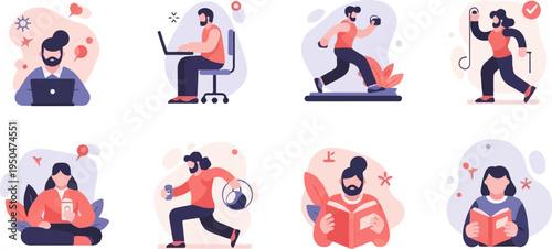 Diverse people engaged in various activities work, exercise, reading, and relaxation