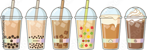 Bubble Tea and Milkshake Drink Vector Collection Featuring Boba Milk Tea, Fruit Jelly Beverages, Iced Coffee, and Sweet Cafe Drinks in Plastic Cups