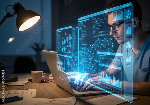 Young man working on laptop with futuristic digital interface