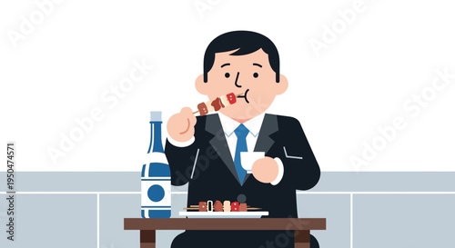 Businessman eating skewers and drinking from bottle at outdoor table
