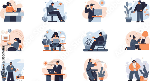 Diverse people engaged in various remote work and digital activities