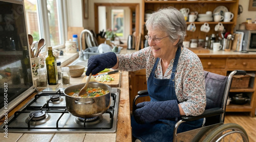 Senior woman in wheelchair cooking vegetable soup in kitchen. Elderly lady wearing apron and oven mitt stirring meal on stove. Independent lifestyle and disability accessibility concept.