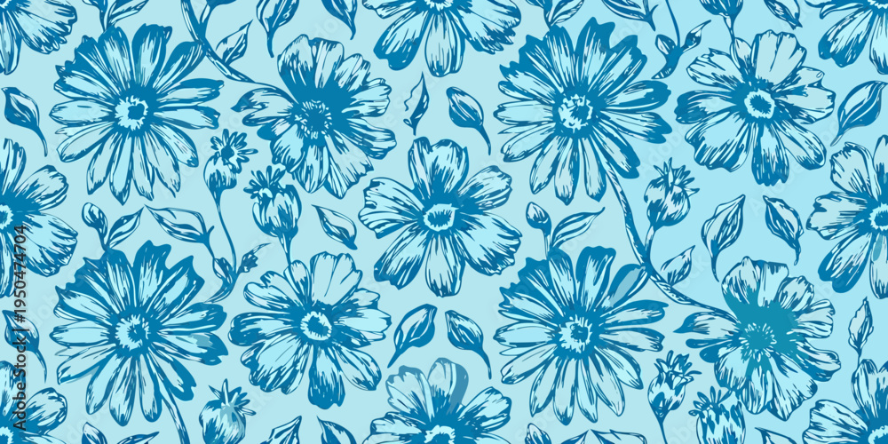 Ταπετσαρία A seamless pattern of delicate blue sketched floral designs covering the frame