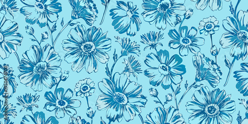 Seamless pattern of delicate blue sketched wildflowers and foliage