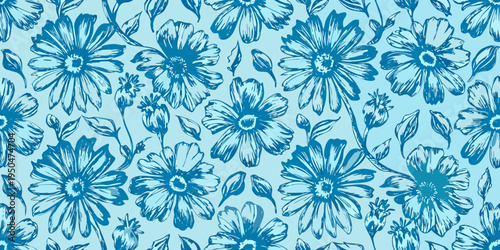 A seamless pattern of delicate blue sketched floral designs covering the frame