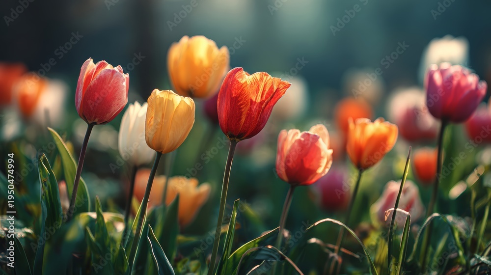 Fototapeta premium Colorful tulips blooming in garden during spring season with sunlight