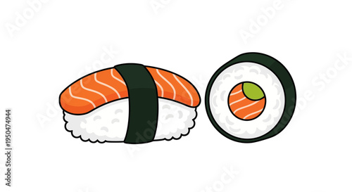 Salmon Sushi Nigiri and Maki Roll Illustration
