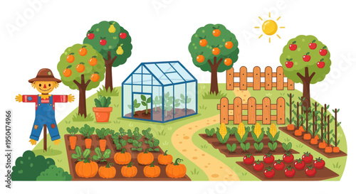Charming Cartoon Garden with Scarecrow, Greenhouse, and Fresh Produce