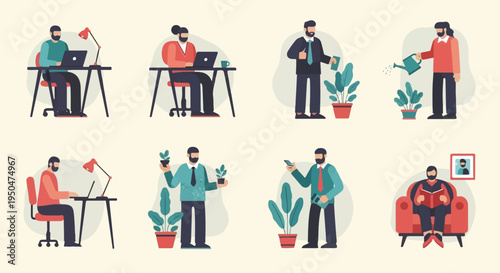 Flat design, pixelated people working, watering plants, and relaxing