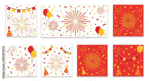 Celebration Backgrounds with Fireworks, Confetti, Balloons & Party Hats