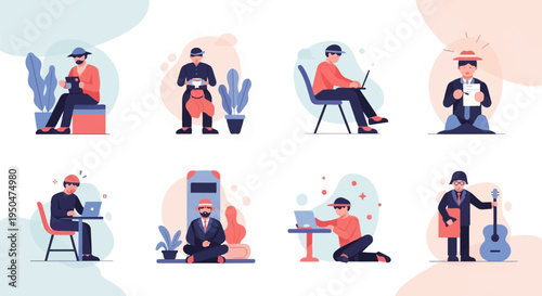 Flat illustration of people engaged in various activities like working and playing