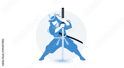 Samurai Warrior Poses with Katana Sword, Traditional Japanese Warrior, Blue Silhouette