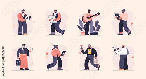 Flat illustrations of men engaged in various activities, with a minimalist aesthetic