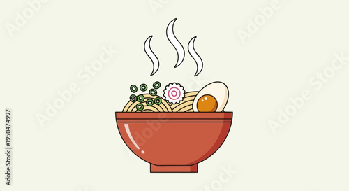 Steaming Bowl of Ramen Noodles with Egg and Green Onions - Delicious Japanese Food Illustration