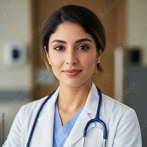 Professional female physician wearing a white lab coat and stethoscope poses for a portrait indoors