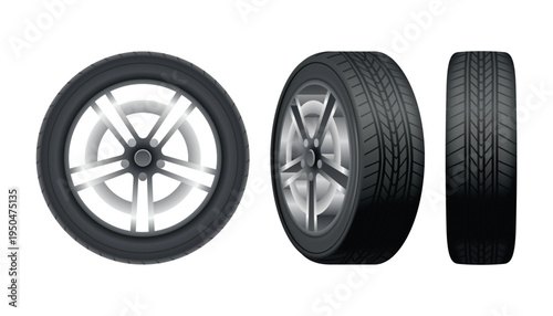 Car tires of rubber with disks. Vector realistic isolated set of tires in different positions. Automobile wheels and maintenance. Truck or vehicle repairing and replacement for next season