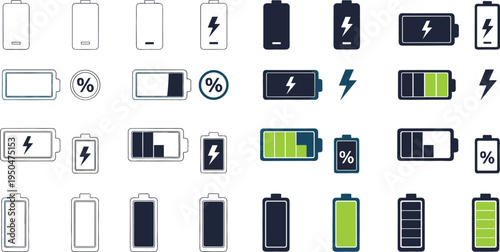 Battery Charge Level Icon Set with Power Indicators, Lightning Symbols, and Charging Status Graphics for Mobile Devices, Energy Monitoring, and Technology UI Design