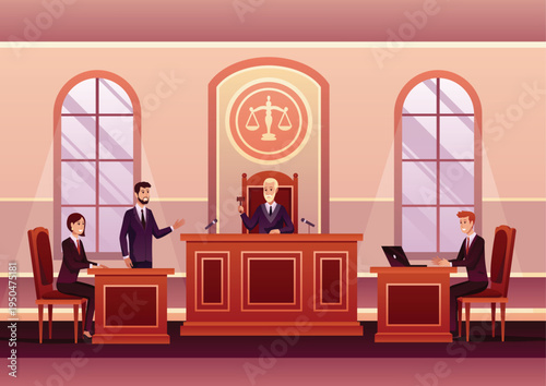 Court judgment, law justice concept vector illustration. Cartoon advocate lawyer or prosecutor character giving speech in front of judge, jury in courtroom, criminal defense public process background.