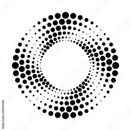 Halftone dotted speed lines circle. Geometric art in circle form. Round swirl movement symbol. Halftone circular dotted frame. Vector design element