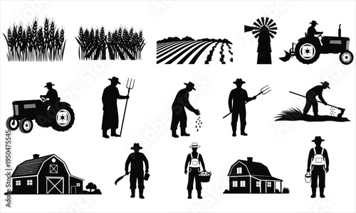 Collection of black farm and agriculture icons on white background with people and buildings