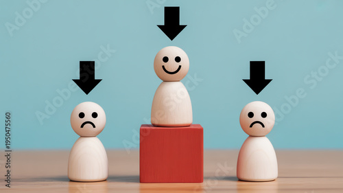 A wooden figure with a smiley face stands on a block with two frowning figures on either side.