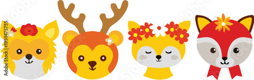 Cartoon animal faces with flowers on their heads  deer fox and fawn  cute smiling and sleeping expressions  colorful flat illustration