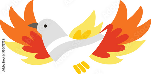 Phoenix bird flying with flames on wings and tail feathers spread wide in orange red and yellow hues